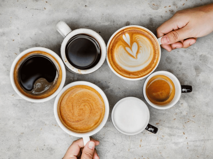 six cups of coffee in varying colors