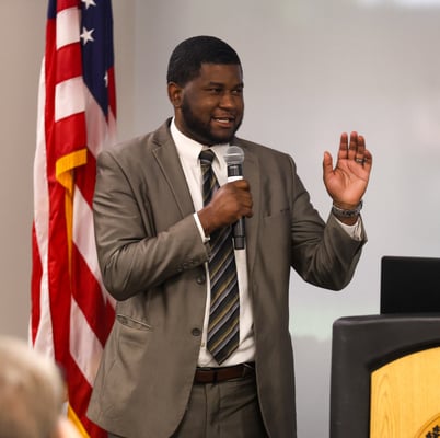 Dr. Keith Toles Jr. speaking at SNU's monthly Business & Leadership Network meeting.